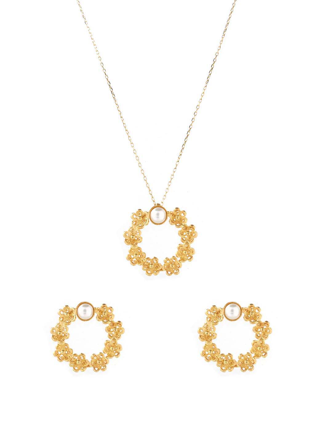 Conjunto Flores e Pérola  - Colar e Brincos (5943551295638)