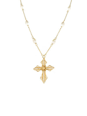 Colar Pérolas e Cruz em Filigrana (5878102196374)