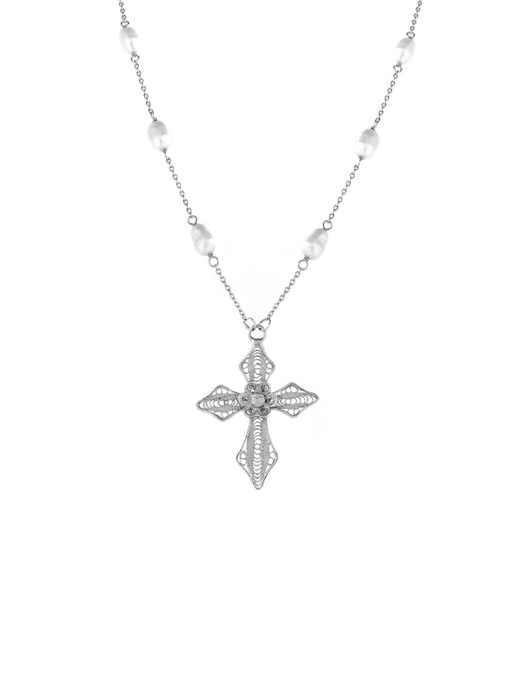 Colar Pérolas e Cruz em Filigrana (5878102196374)