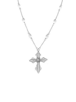 Colar Pérolas e Cruz em Filigrana (5878102196374)