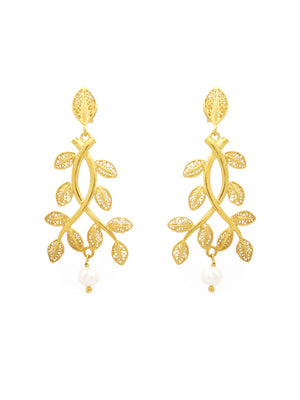 Brincos folhinhas de oliveira com pérola